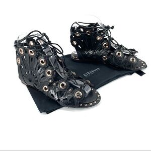Ivy Kirzhner Barcelona Black Leather Low Gold Wedge Cutout Flat Sandals